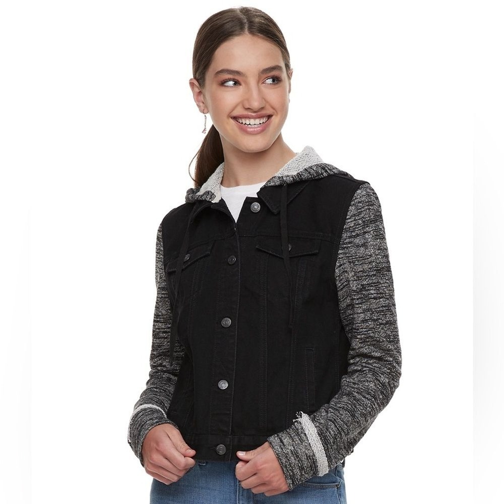 Mudd Black Denim Knit Sleeve Hooded Jean Jacket Junior Size Medium